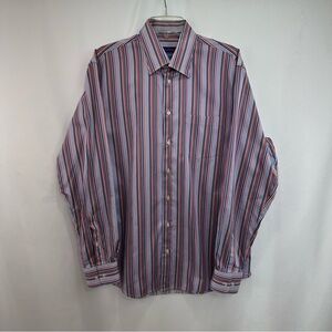 Men's Alan Flusser Long Sleeve Button Front Striped Shirt Size L Large Purple